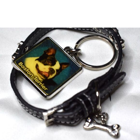 Black Leather Silver Tone Rhinestone Accent Bones Dog 9"-11"  Collar/ Key Chain - Picture 4 of 4